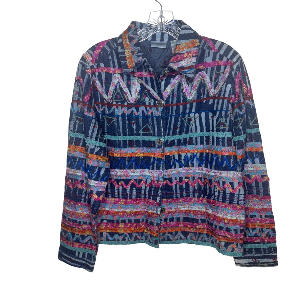 Chicos Vendimia Banderas Denim Jacket Dark Indigo Embroidered Boho Size 1 NEWβ